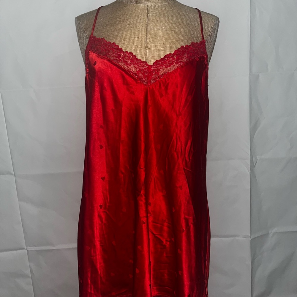Elegant Red Satin Chemise with Lace Trim